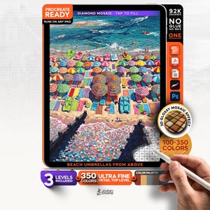 May include: A digital diamond mosaic art file for Procreate featuring a high-angle view of a sandy beach crowded with colorful striped umbrellas and lounge chairs. The interface includes text labels like Procreate Ready, 92K Squares, and 350 Colors.