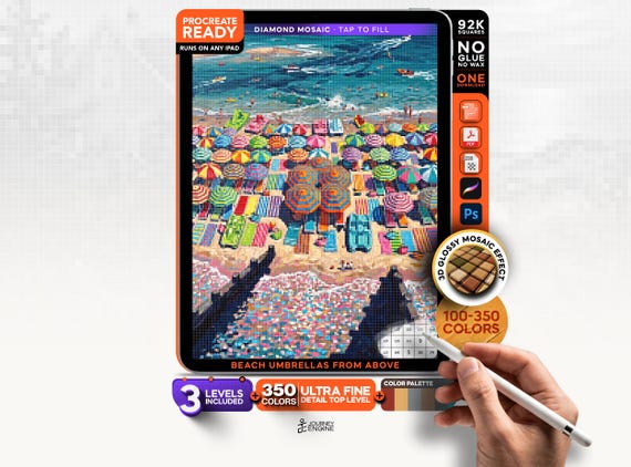 Beach Umbrellas from Above digital diamond painting mystery mosaic for iPad, Summer Coastal Mosaic