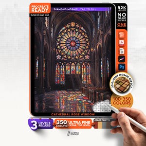 May include: A digital diamond mosaic art kit for iPad featuring a cathedral rose window design. The interface displays a stained glass interior, 92K squares, 350 colors, and 3 levels. Text includes Procreate Ready, Tap to Fill, and Journey Engine.