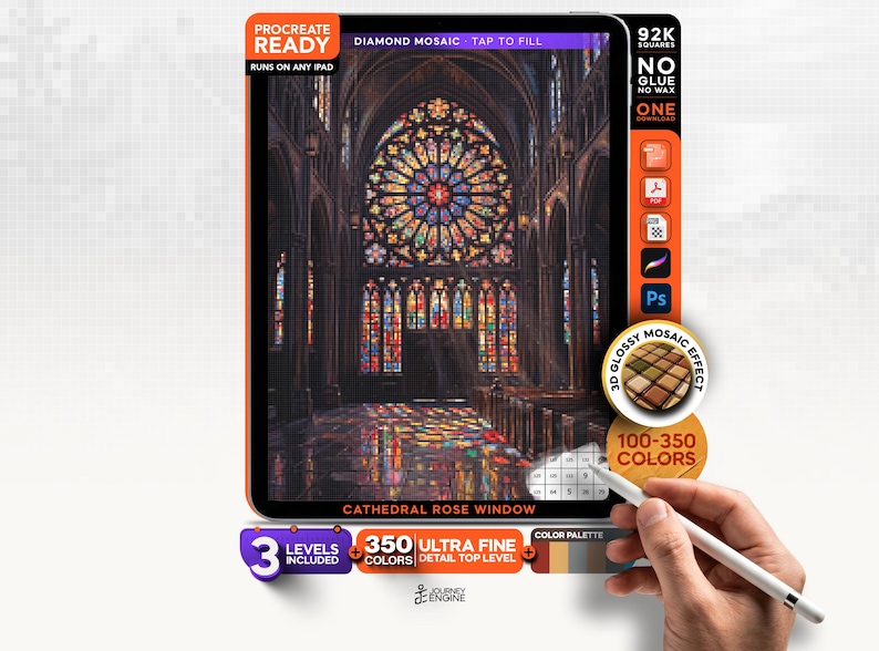 May include: A digital diamond mosaic art kit for iPad featuring a cathedral rose window design. The interface displays a stained glass interior, 92K squares, 350 colors, and 3 levels. Text includes Procreate Ready, Tap to Fill, and Journey Engine.