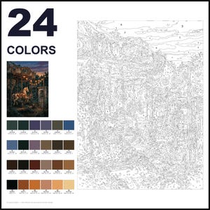May include: A paint-by-numbers kit featuring a carousel scene with 24 colors. The image includes a numbered outline of a carousel, a small finished reference picture, and a color palette with 24 distinct swatches labeled with numbers and RGB values.