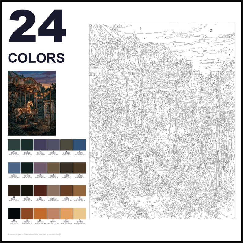 May include: A paint-by-numbers kit featuring a carousel scene with 24 colors. The image includes a numbered outline of a carousel, a small finished reference picture, and a color palette with 24 distinct swatches labeled with numbers and RGB values.