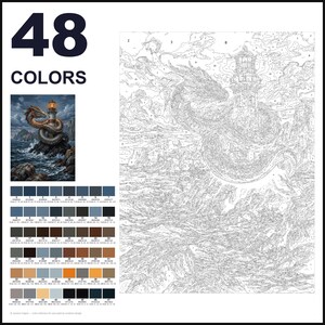 May include: A paint-by-numbers kit featuring a dragon coiled around a lighthouse on a rocky shore. The image includes a small color reference, a palette of 48 numbered paint swatches, and a large outlined canvas with numbered sections for painting.