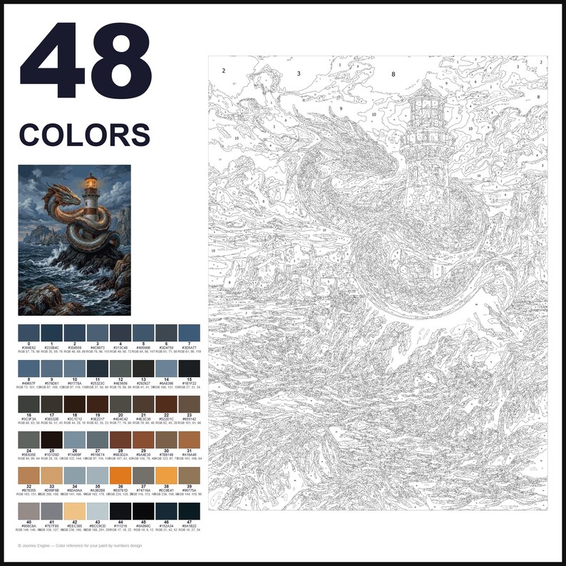 May include: A paint-by-numbers kit featuring a dragon coiled around a lighthouse on a rocky shore. The image includes a small color reference, a palette of 48 numbered paint swatches, and a large outlined canvas with numbered sections for painting.