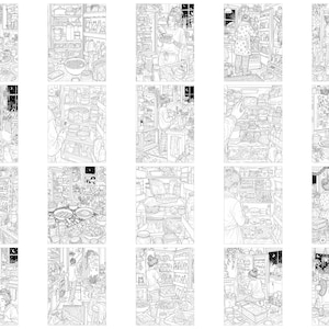 May include: A collection of twenty black and white line art illustrations featuring various scenes of individuals interacting with refrigerators and kitchen pantries. Each detailed drawing depicts food items, shelves, and domestic settings in a sketch style.