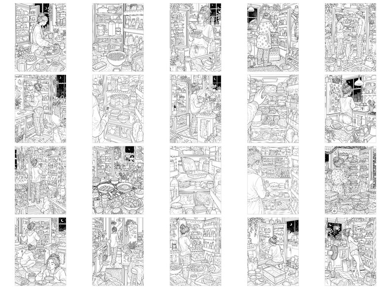 May include: A collection of twenty black and white line art illustrations featuring various scenes of individuals interacting with refrigerators and kitchen pantries. Each detailed drawing depicts food items, shelves, and domestic settings in a sketch style.
