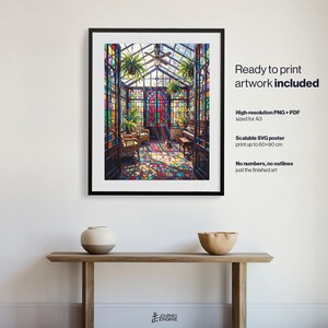 May include: A framed digital print depicting a sunlit greenhouse with stained glass windows, wicker furniture, and hanging plants. The artwork features vibrant, multi-colored light patterns on the floor. Text includes Ready to print artwork included, High-resolution PNG + PDF sized for A3, Scalable SVG poster print up to 60x90 cm, and No numbers, no outlines just the finished art.