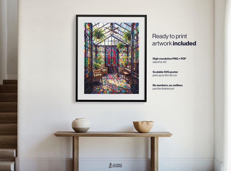 May include: A framed digital print depicting a sunlit greenhouse with stained glass windows, wicker furniture, and hanging plants. The artwork features vibrant, multi-colored light patterns on the floor. Text includes Ready to print artwork included, High-resolution PNG + PDF sized for A3, Scalable SVG poster print up to 60x90 cm, and No numbers, no outlines just the finished art.