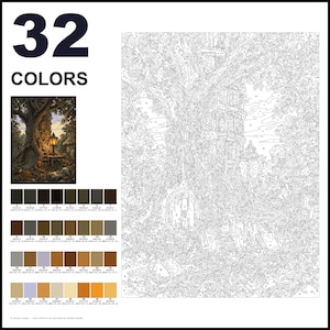 May include: A paint-by-numbers kit featuring 32 colors and a detailed line drawing of a large tree with a built-in library, a glowing lantern, and a small round door at the base. The set includes a small color reference image and a numbered palette.