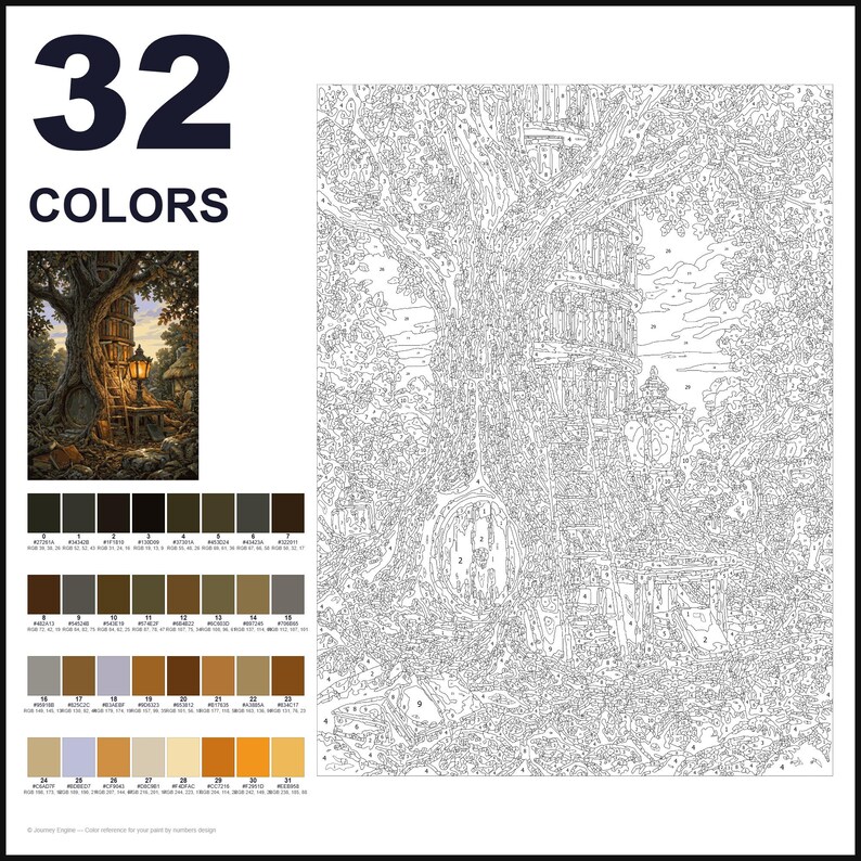 May include: A paint-by-numbers kit featuring 32 colors and a detailed line drawing of a large tree with a built-in library, a glowing lantern, and a small round door at the base. The set includes a small color reference image and a numbered palette.
