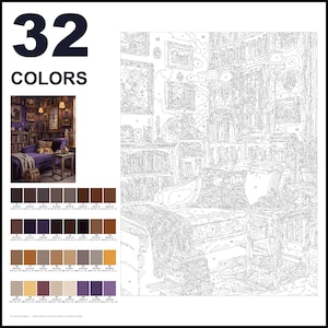 Puede incluir: Un kit de pintura por n&uacute;meros con una escena de biblioteca que incluye una chaise longue, estanter&iacute;as y arte enmarcado. El set incluye una plantilla numerada, una imagen de referencia y una paleta de 32 colores con c&oacute;digos hex y RGB.