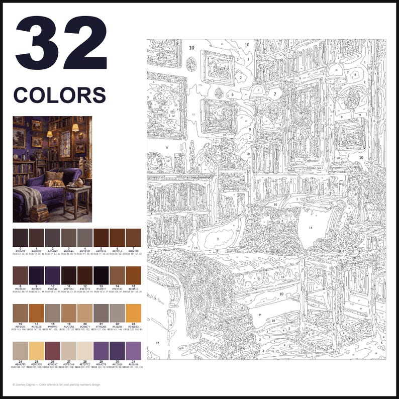 Puede incluir: Un kit de pintura por n&uacute;meros con una escena de biblioteca que incluye una chaise longue, estanter&iacute;as y arte enmarcado. El set incluye una plantilla numerada, una imagen de referencia y una paleta de 32 colores con c&oacute;digos hex y RGB.