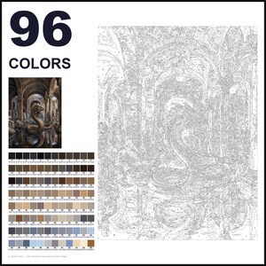 May include: A paint-by-numbers kit featuring a large, numbered outline of a snake in a stone archway. The set includes a small color reference image, a grid of 96 numbered color swatches with hex codes, and a large white canvas with black lines.