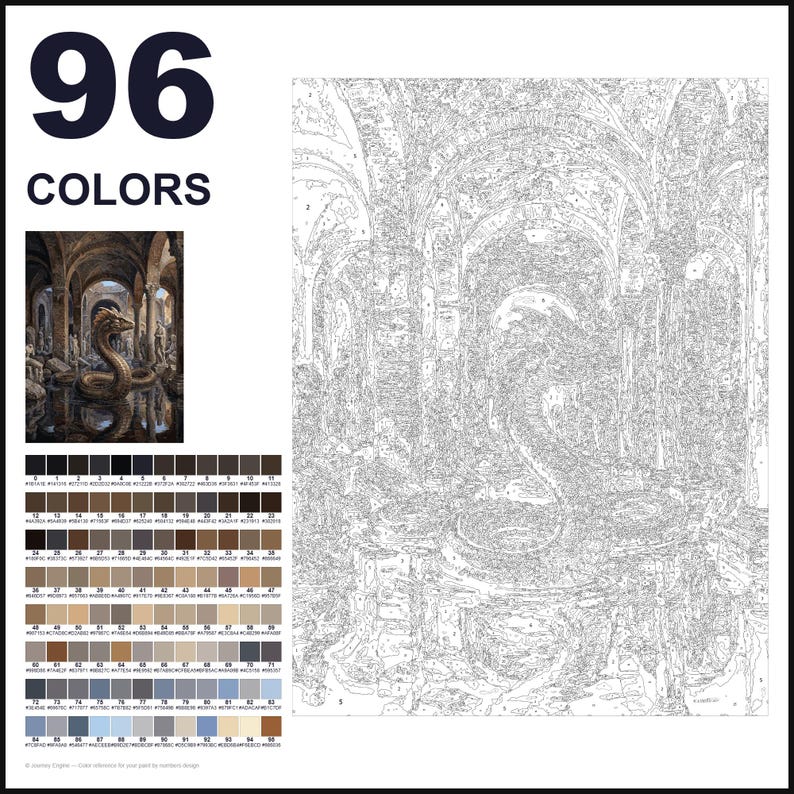 May include: A paint-by-numbers kit featuring a large, numbered outline of a snake in a stone archway. The set includes a small color reference image, a grid of 96 numbered color swatches with hex codes, and a large white canvas with black lines.