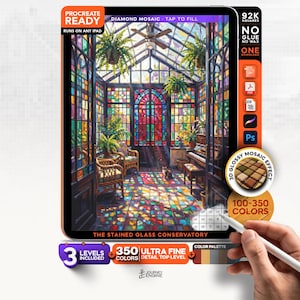 May include: A digital art file titled The Stained Glass Conservatory for Procreate, featuring a vibrant greenhouse interior with colorful stained glass windows, hanging plants, wicker furniture, and a piano, with a stylus pen visible in the foreground.