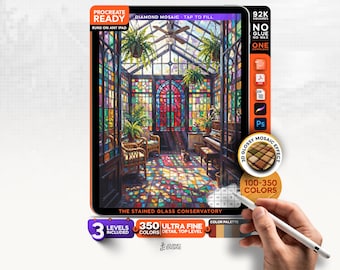 Digital Diamond Painting, Mystery Mosaic iPad, The Stained Glass Conservatory, Botanical Procreate Art, 3 Levels, Instant Download