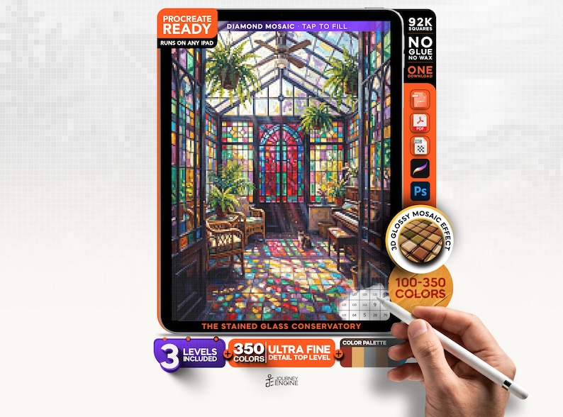 May include: A digital art file titled The Stained Glass Conservatory for Procreate, featuring a vibrant greenhouse interior with colorful stained glass windows, hanging plants, wicker furniture, and a piano, with a stylus pen visible in the foreground.