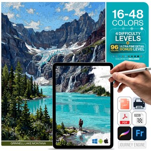May include: A digital paint-by-number kit featuring Grinnell Lake, Montana, with a tablet displaying the artwork, a stylus, and text stating 16-48 colours, 4 difficulty levels, and 96 ultra fine detail bonus level. Includes SVG, PDF, PNG, and app icons.
