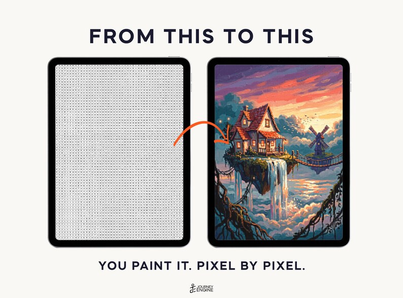 May include: Two tablets displaying a digital paint-by-number process. The left screen shows a grid of letters, while the right screen displays a finished colorful illustration of a house on a floating island with a waterfall. Text reads FROM THIS TO THIS and YOU PAINT IT. PIXEL BY PIXEL.