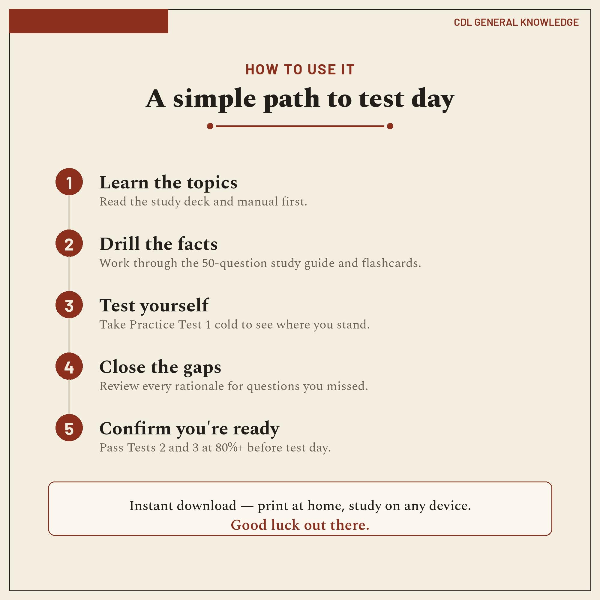 CDL General Knowledge test prep bundle pages showing practice questions and an answer key