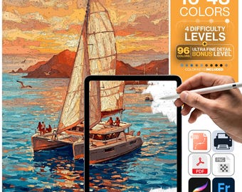 Australia Paint by Numbers Digital | 5 Levels 16-96 Colors | Svg Pdf Png Procreate | Whitsundays Sailing Catamaran Sunset Printable Wall Art