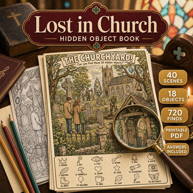 May include: A Lost in Church hidden object book featuring a detailed illustration of a churchyard with a magnifying glass overlay. The cover displays the title, 40 scenes, 18 objects, 720 finds, and printable PDF text alongside a list of 18 items.