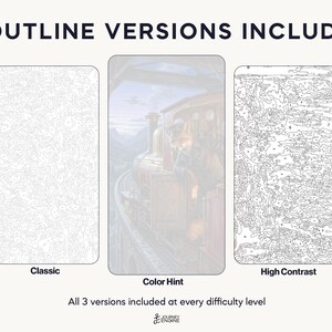May include: Three paint-by-number templates labeled 3 OUTLINE VERSIONS INCLUDED. The left is a Classic outline, the center is a Color Hint version showing a train scene, and the right is a High Contrast outline. Text reads All 3 versions included at every difficulty level.