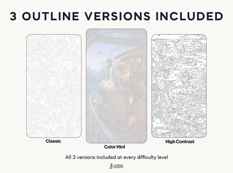 May include: Three paint-by-number templates labeled 3 OUTLINE VERSIONS INCLUDED. The left is a Classic outline, the center is a Color Hint version showing a train scene, and the right is a High Contrast outline. Text reads All 3 versions included at every difficulty level.
