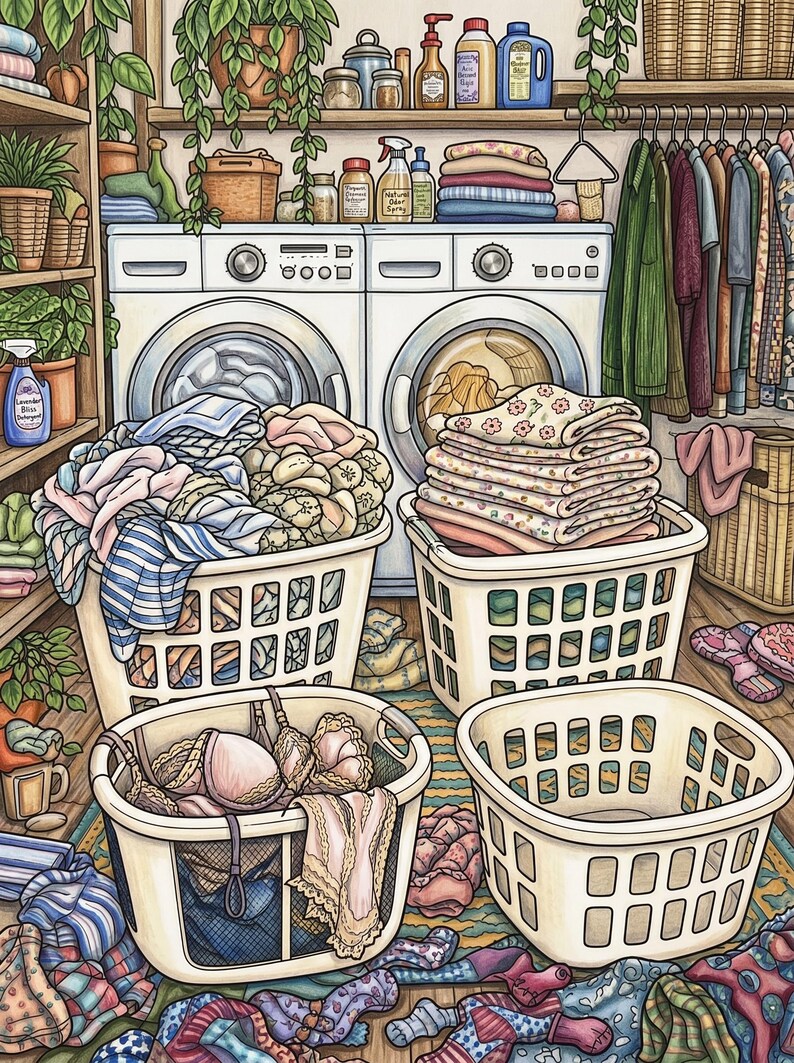 Op de afbeelding: Een illustratie van een wasruimte met twee witte wasmachines, planken vol schoonmaakmiddelen en kamerplanten, en vier plastic wasmanden. De manden bevatten diverse kledingstukken, waaronder bh's, opgevouwen linnengoed en verspreide kleding.