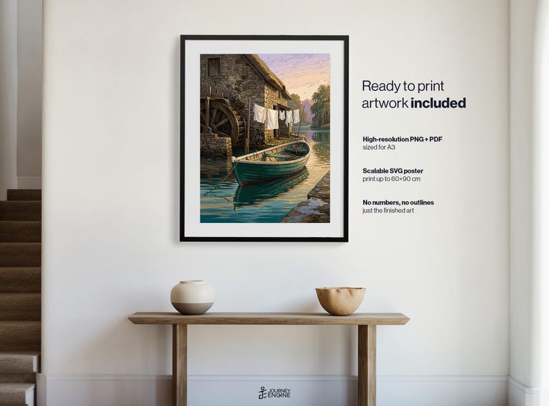 May include: A framed digital print featuring a stone watermill with a wooden wheel and a green rowboat moored on calm water. White laundry hangs on a line against the stone wall. Text reads: Ready to print artwork included, High-resolution PNG + PDF sized for A3, Scalable SVG poster print up to 60x90 cm, No numbers, no outlines just the finished art.
