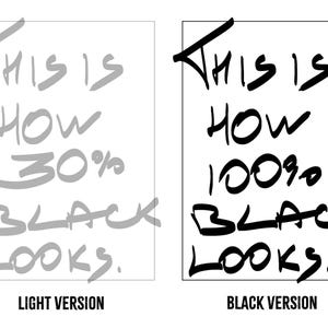 May include: Two rectangular frames containing text. The left frame shows the light grey text 'THIS IS HOW 30% BLACK LOOKS.' labelled 'LIGHT VERSION'. The right frame shows the black text 'THIS IS HOW 100% BLACK LOOKS.' labelled 'BLACK VERSION'.