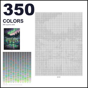 May include: A paint-by-numbers pattern featuring a large grid with 350 colors, a reference image of a forest scene with an aurora borealis and glowing fireflies, and a color key chart. The text 350 COLORS and 350 squares wide is visible.