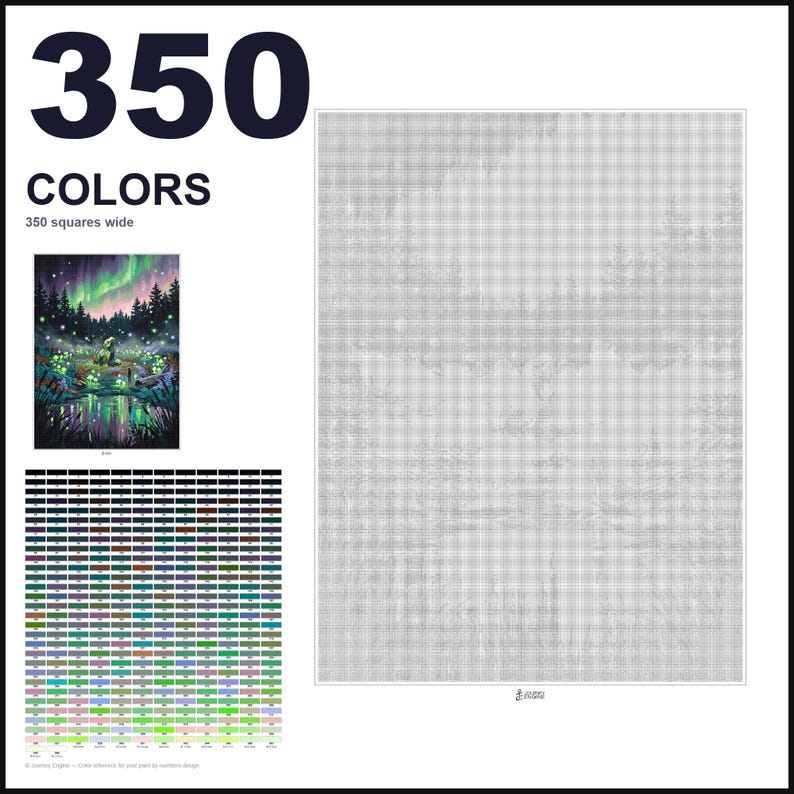 May include: A paint-by-numbers pattern featuring a large grid with 350 colors, a reference image of a forest scene with an aurora borealis and glowing fireflies, and a color key chart. The text 350 COLORS and 350 squares wide is visible.