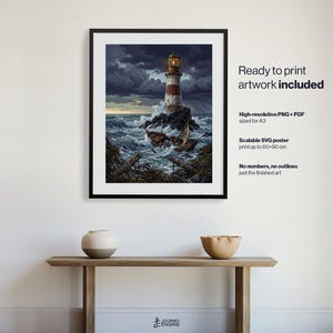 May include: A framed digital art print featuring a lighthouse on a rocky island amidst a stormy sea with a small wooden boat. Text on the right reads: Ready to print artwork included, High-resolution PNG + PDF sized for A3, Scalable SVG poster print up to 60x90 cm, No numbers, no outlines just the finished art.