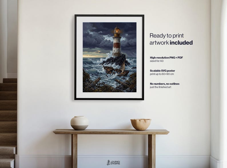 May include: A framed digital art print featuring a lighthouse on a rocky island amidst a stormy sea with a small wooden boat. Text on the right reads: Ready to print artwork included, High-resolution PNG + PDF sized for A3, Scalable SVG poster print up to 60x90 cm, No numbers, no outlines just the finished art.