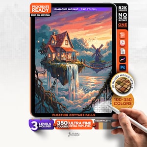 May include: A digital diamond mosaic art kit titled Floating Cottage Falls for Procreate, featuring a house on a floating island with a waterfall, a windmill, and a sunset sky. Includes 350 colors, 92k squares, and a 3D glossy mosaic effect.