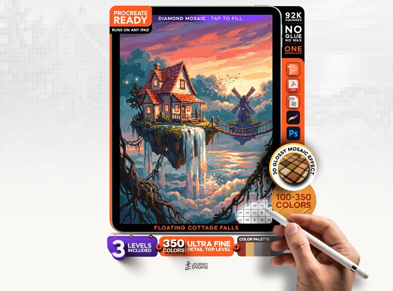 May include: A digital diamond mosaic art kit titled Floating Cottage Falls for Procreate, featuring a house on a floating island with a waterfall, a windmill, and a sunset sky. Includes 350 colors, 92k squares, and a 3D glossy mosaic effect.