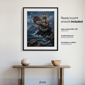 May include: A framed wall art print featuring a sea serpent coiled around a lighthouse on a rocky island amidst a stormy ocean. The text reads: Ready to print artwork included, High-resolution PNG + PDF sized for A3, Scalable SVG poster print up to 60x90 cm, No numbers, no outlines just the finished art.