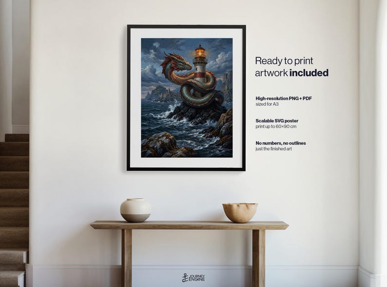 May include: A framed wall art print featuring a sea serpent coiled around a lighthouse on a rocky island amidst a stormy ocean. The text reads: Ready to print artwork included, High-resolution PNG + PDF sized for A3, Scalable SVG poster print up to 60x90 cm, No numbers, no outlines just the finished art.