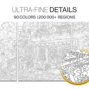 May include: A paint-by-number canvas set featuring a detailed street scene with buildings and trees. The text reads ULTRA-FINE DETAILS 90 COLORS | 200 000+ REGIONS. A circular inset shows a magnified section of the numbered outlines for painting.