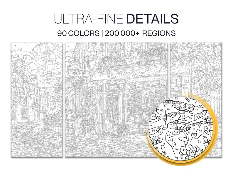May include: A paint-by-number canvas set featuring a detailed street scene with buildings and trees. The text reads ULTRA-FINE DETAILS 90 COLORS | 200 000+ REGIONS. A circular inset shows a magnified section of the numbered outlines for painting.