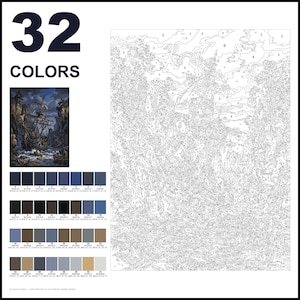 May include: A paint-by-numbers kit featuring 32 colors, a reference image of a sailing ship in a rocky cove, and a large numbered outline canvas. The color palette includes various shades of blue, gray, brown, black, and beige, each labeled with a number.