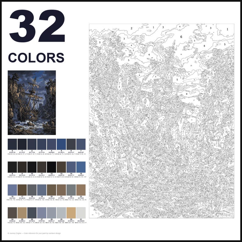 May include: A paint-by-numbers kit featuring 32 colors, a reference image of a sailing ship in a rocky cove, and a large numbered outline canvas. The color palette includes various shades of blue, gray, brown, black, and beige, each labeled with a number.