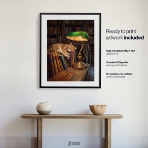 May include: A framed wall art print featuring a ginger cat sleeping on a stack of books next to a green banker lamp in a library setting. The text reads: Ready to print artwork included, High-resolution PNG + PDF sized for A3, Scalable SVG poster print up to 60x90 cm, No numbers, no outlines just the finished art.