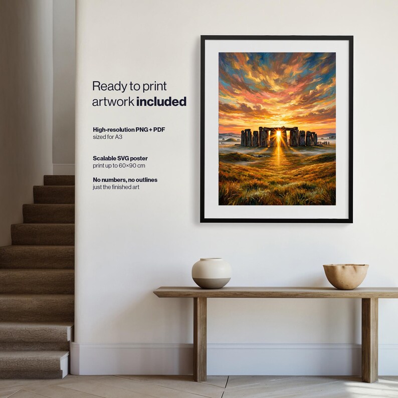 K&ouml;nnte beinhalten: Ein gerahmter digitaler Kunstdruck von Stonehenge bei Sonnenaufgang mit einem leuchtend orangefarbenen und gelben Himmel &uuml;ber dem Steindenkmal. Der Text links lautet: Ready to print artwork INCLUDED, High-resolution PNG + PDF sized for A3, Scalable SVG poster print up to 60x90 cm, No numbers, no outlines just the finished art.