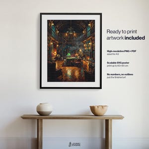 May include: A framed digital art print depicting a multi-level library interior with dark wood shelves, a central desk, and warm lighting. Text on the right reads: Ready to print artwork included, High-resolution PNG + PDF sized for A3, Scalable SVG poster print up to 60x90 cm, No numbers, no outlines just the finished art.