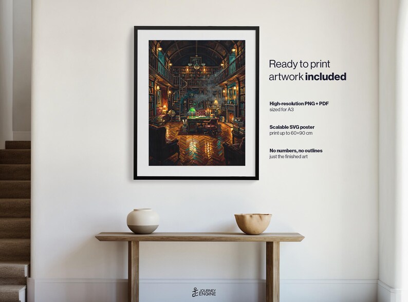 May include: A framed digital art print depicting a multi-level library interior with dark wood shelves, a central desk, and warm lighting. Text on the right reads: Ready to print artwork included, High-resolution PNG + PDF sized for A3, Scalable SVG poster print up to 60x90 cm, No numbers, no outlines just the finished art.