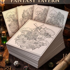 Puede incluir: Una pila de grabados art&iacute;sticos de tabernas de fantas&iacute;a con ilustraciones detalladas en blanco y negro. Los grabados presentan varios dise&ntilde;os de tabernas, con el texto "30 UNIQUE FANTASY TAVERN" en la parte superior. Tambi&eacute;n hay dados, una llave y una vela.