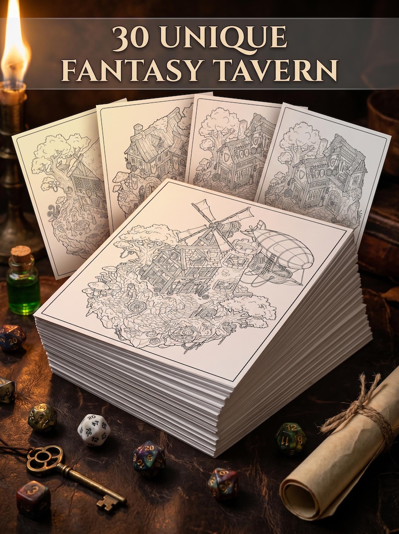 Puede incluir: Una pila de grabados art&iacute;sticos de tabernas de fantas&iacute;a con ilustraciones detalladas en blanco y negro. Los grabados presentan varios dise&ntilde;os de tabernas, con el texto "30 UNIQUE FANTASY TAVERN" en la parte superior. Tambi&eacute;n hay dados, una llave y una vela.