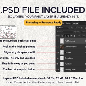 May include: A digital graphic displaying a PSD file structure with six layers for painting. Text includes .PSD FILE INCLUDED, Photoshop + Procreate Ready, and labels for layers like Red Numbers, Color Reference, Outlines, Draw Here, and Coloring faces.